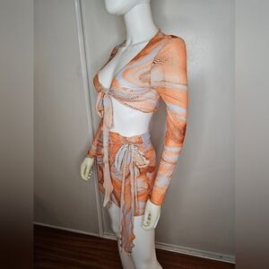 Womens Sexy Sheer Cropped Tie Front Long Sleeve Top And Mini Skirt Size XS